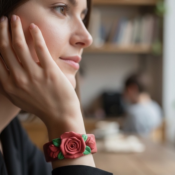 Handmade by Kool Klay Jewelry - Handmade Red Rose Cuff Bracelet, Romantic Artisan Jewelry Polymer Clay Bracelet